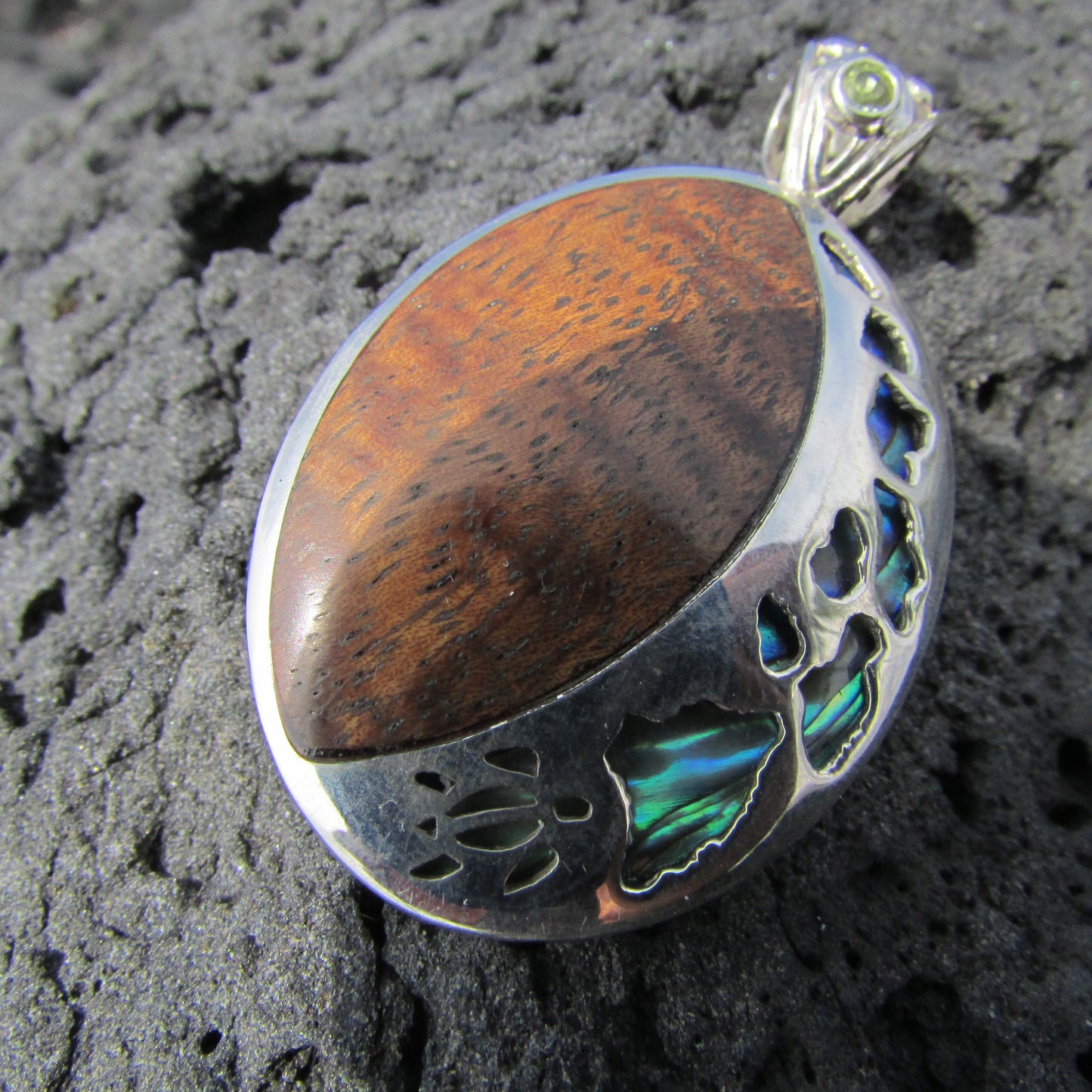 Hawaii Island Chain Turtle Pendant Necklace Large | Koa Wood | Paua Abalone Shell | Peridot | Sterling Silver | Beach | Jewelry | Handmade