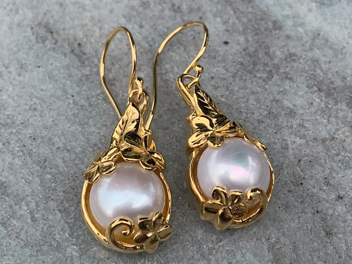 18k gold vermeil white mabe pearl plumeria flower earrings.