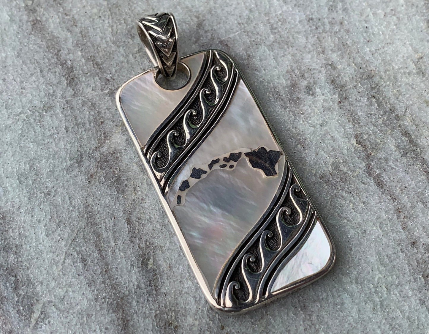 Hawaiian Islands Tribal Design Pendant Necklace. Sterling Silver, Mother of Pearl.