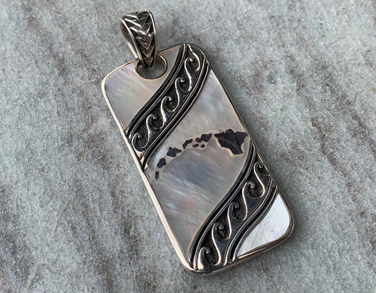 Hawaiian Islands Tribal Design Pendant Necklace. Sterling Silver, Mother of Pearl.
