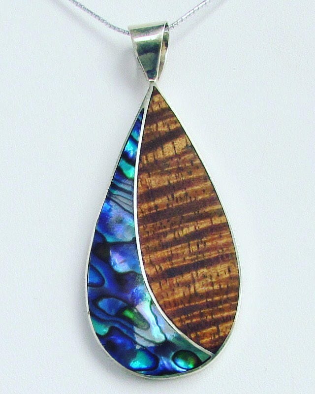Teardrop Necklace Pendant | Koa Wood | Abalone Paua Shell | Sterling Silver | Gift | Jewelry | Handmade | Unique