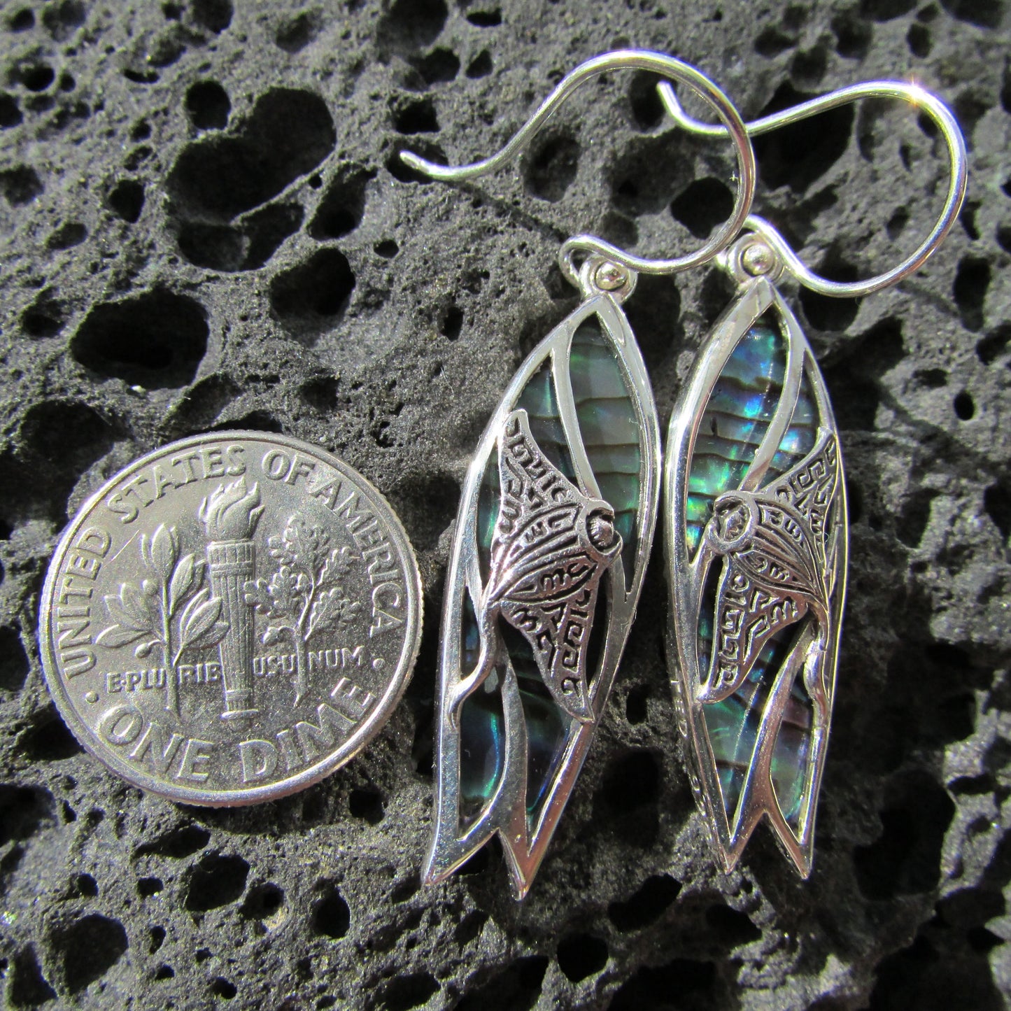 Surfboard Manta Ray Earrings. Abalone Paua Shell. Sterling Silver.