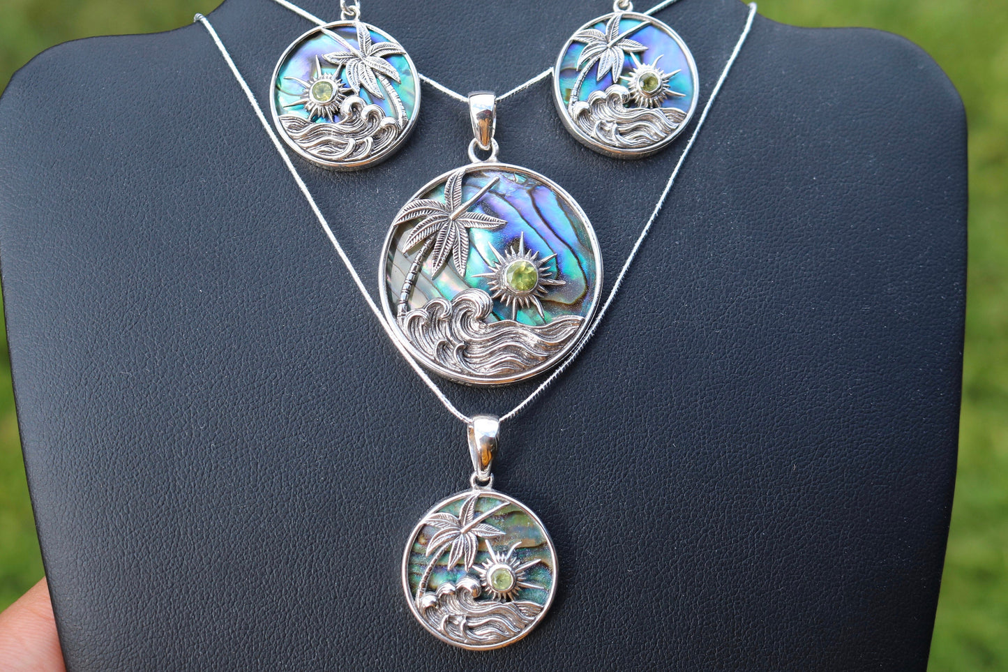 Ocean Beach Palm Tree Wave Sunset Necklace Pendant. Abalone Shell, Peridot, Sterling Silver.