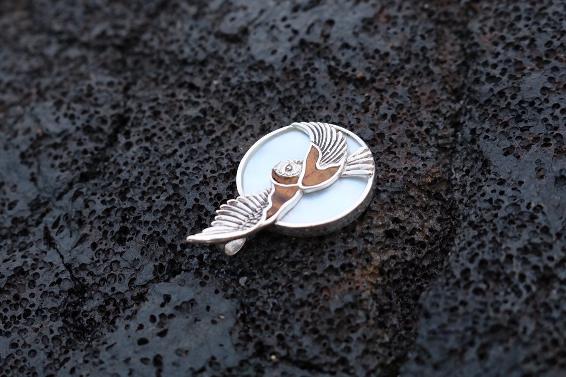 Moon Owl Hawaiian Pueo Aumakua Necklace Pendant. Hawaiian Koa Wood, Mother of Pearl, Sterling Silver.