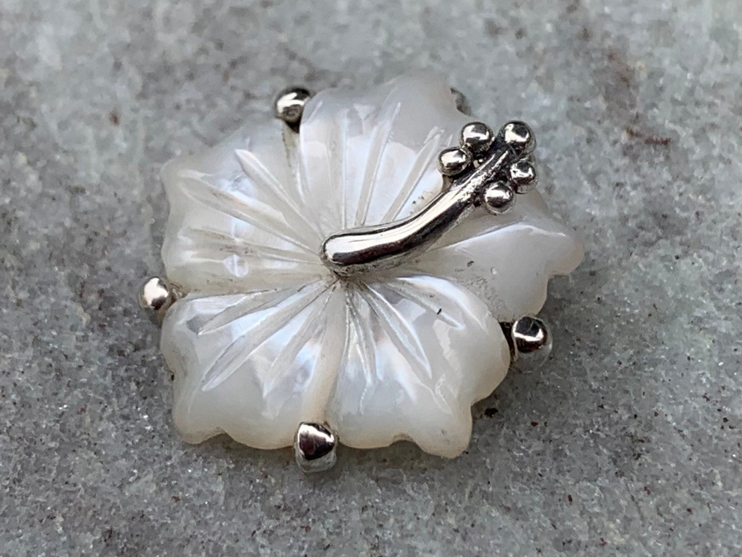 Hibiscus Flower Necklace Pendant. Hawaiian State Flower. Sterling Silver, Mother of Pearl