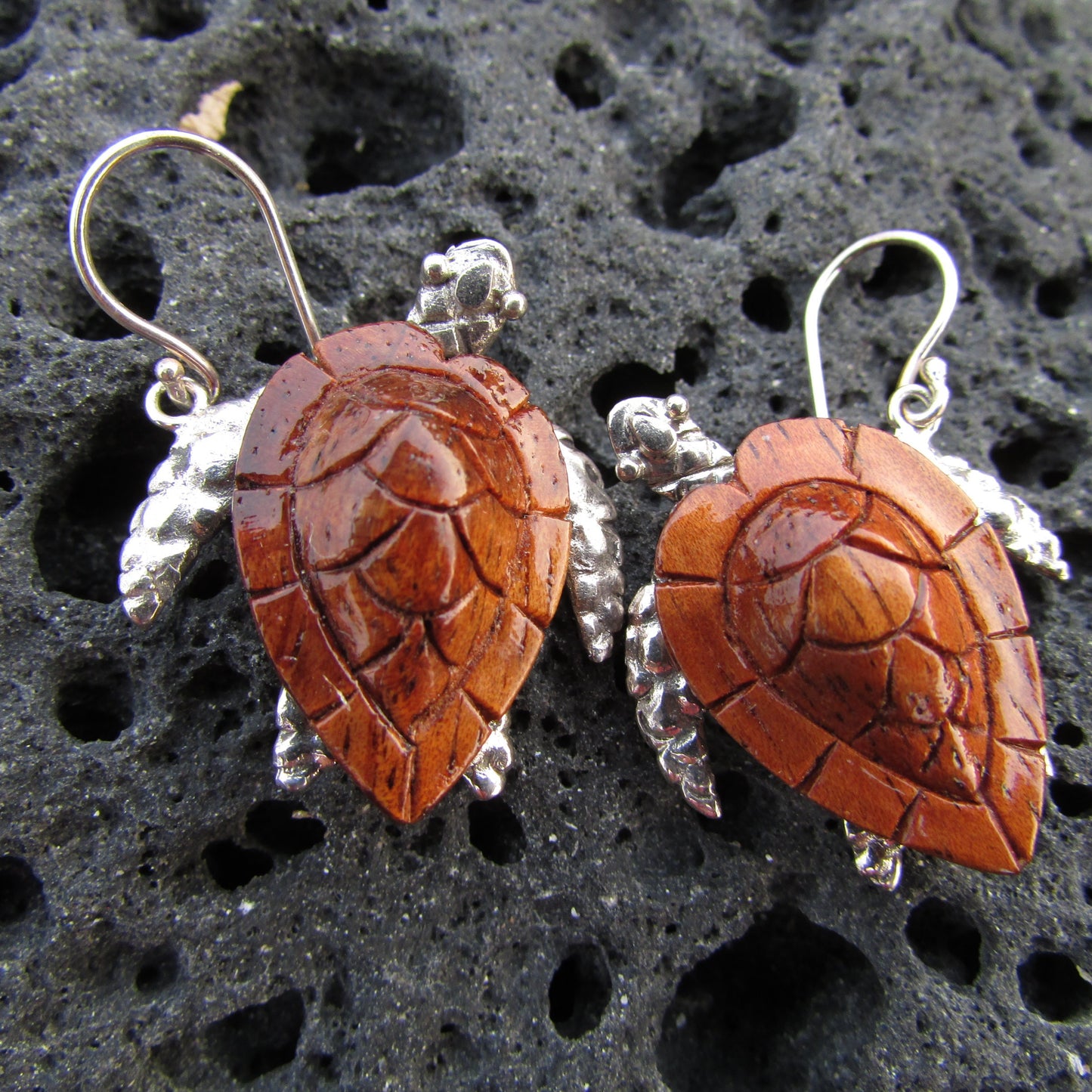 Sea Turtle Earrings Large | Koa Wood | Sterling Silver | Ocean | Beach | Gift | Jewelry | Handmade | Unique