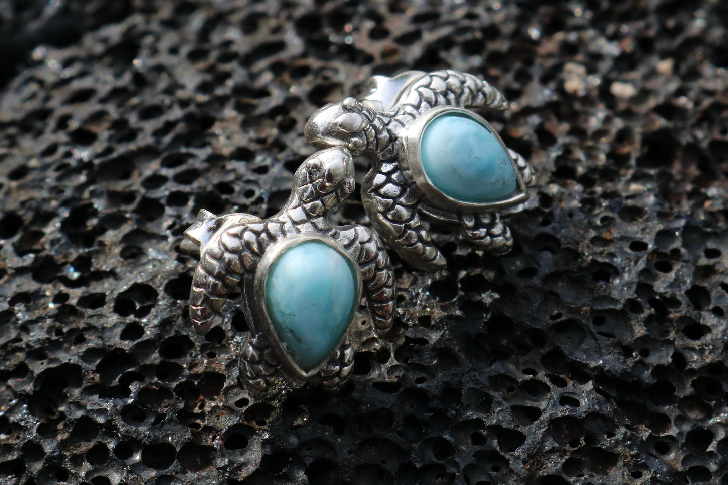 Larimar Turtle Earrings Studs. Sterling Silver.