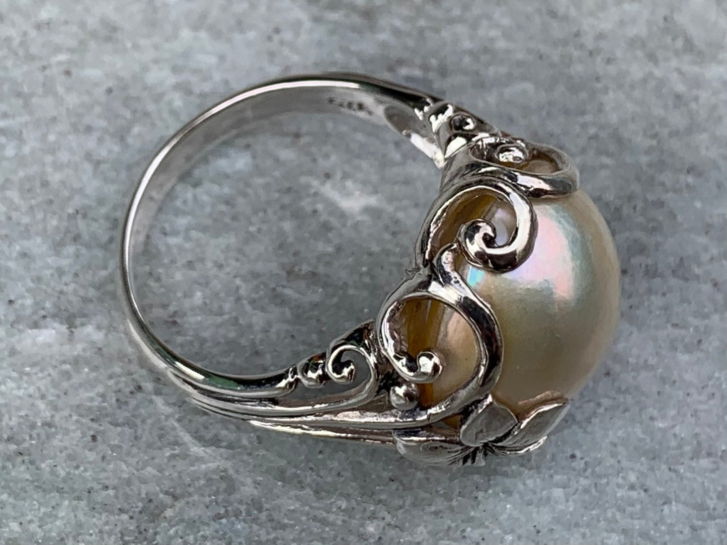White Mabe Pearl Plumeria Flower Silver Ring