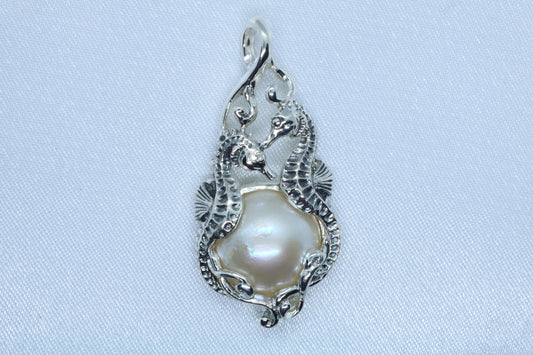 Seahorses Mabe White Pearl Pendant Necklace