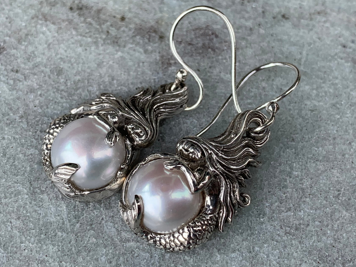 Mermaid White Mabe Pearl Silver Earrings