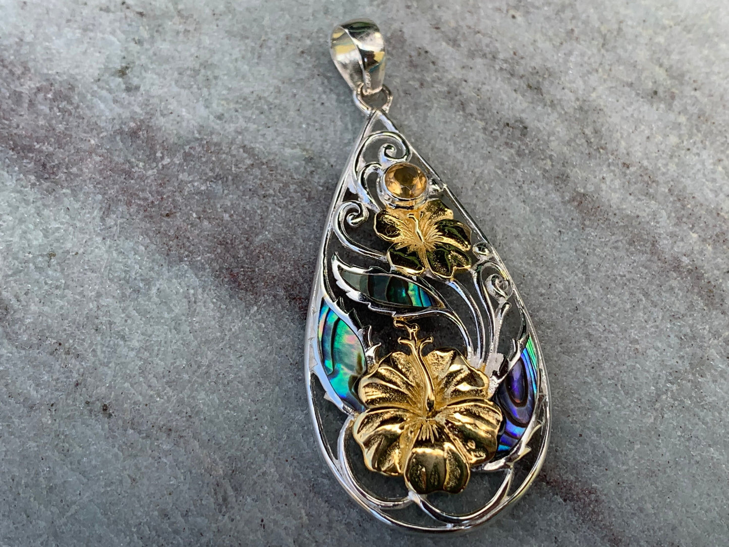 Hibiscus Flower Necklace Pendant. State Flower of Hawaii. Silver, Gold, Abalone Shell, Citrine.