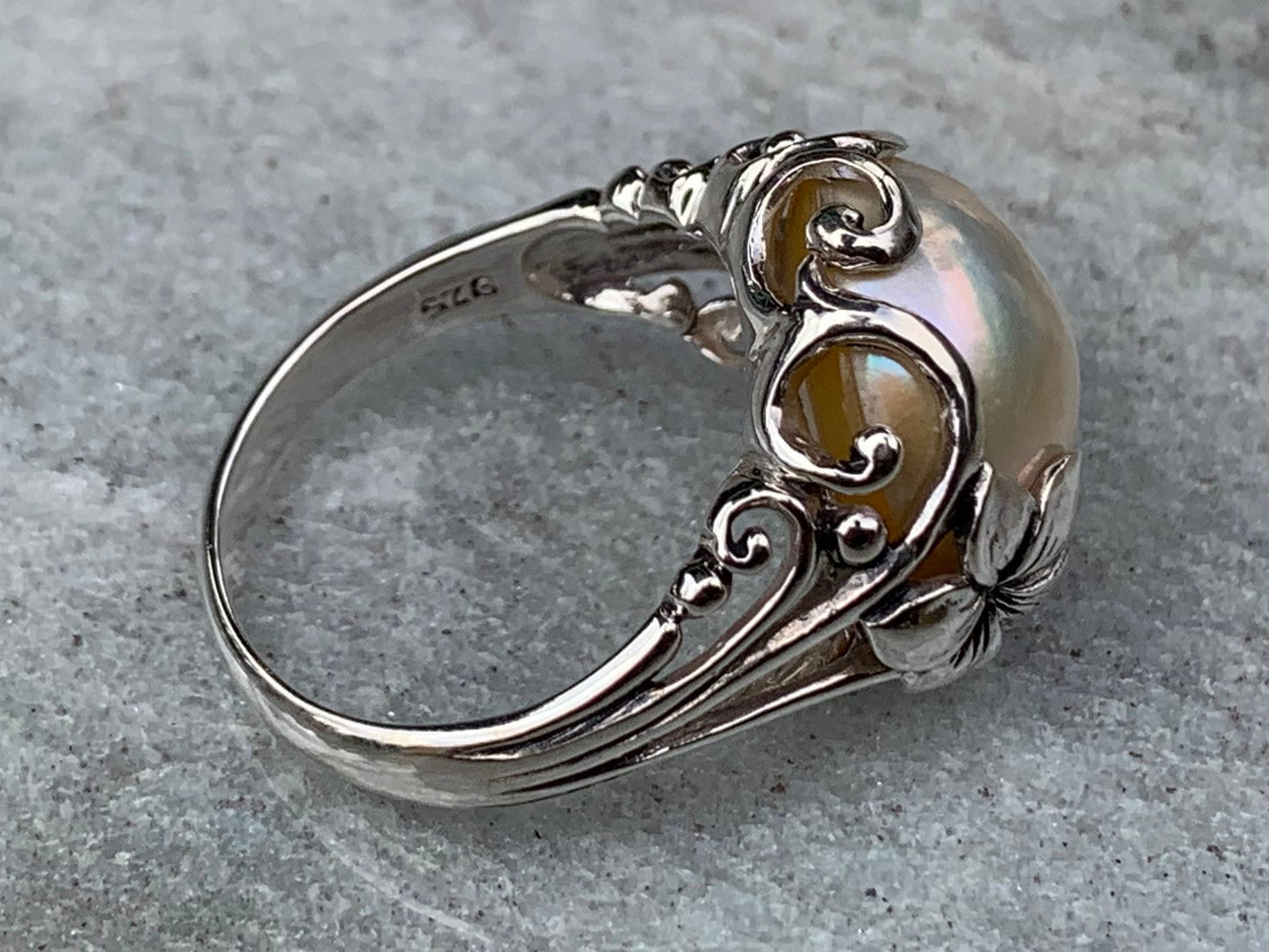 White Mabe Pearl Plumeria Flower Silver Ring