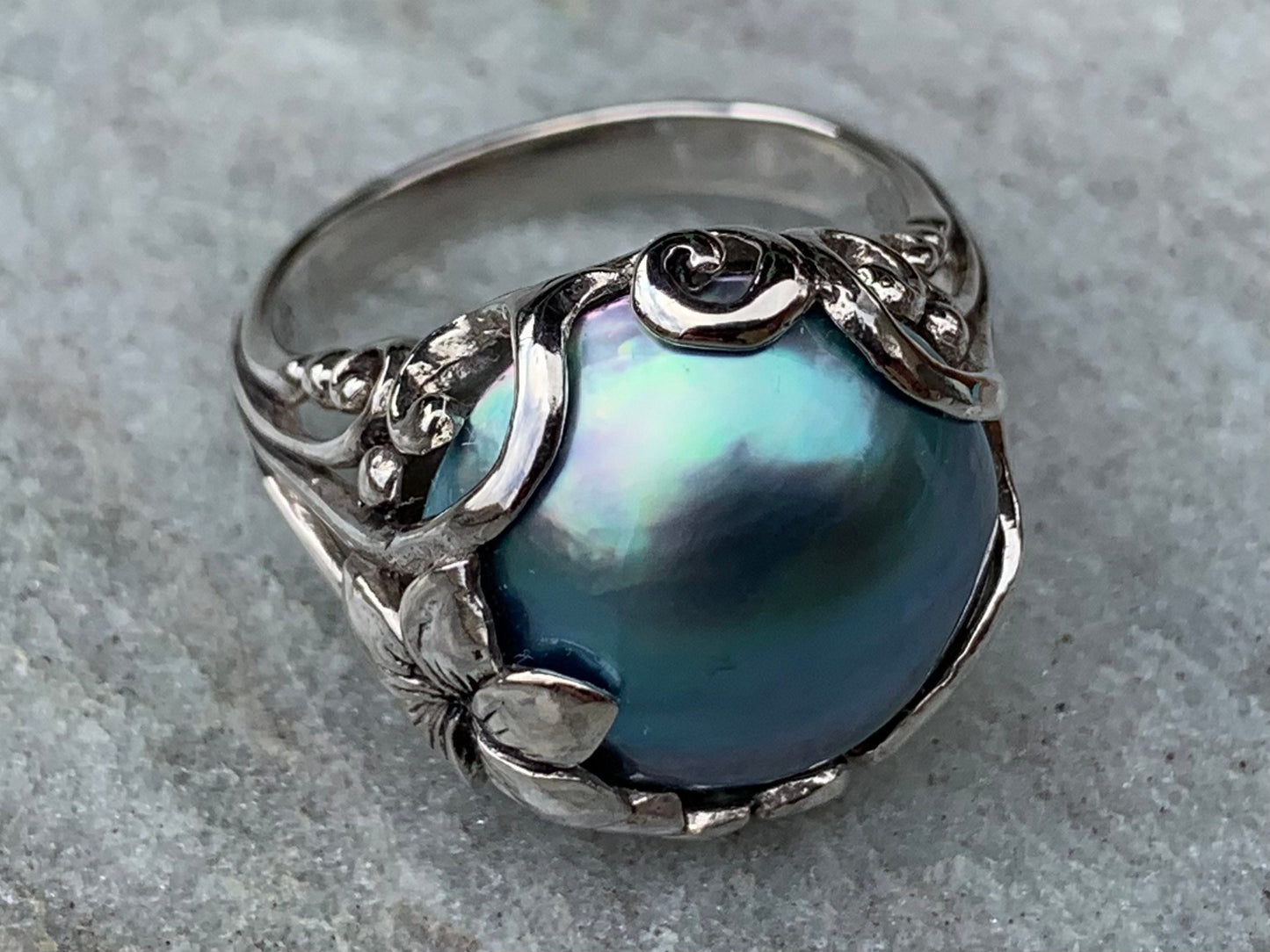 Blue Mabe Pearl Plumeria Flower Silver Ring