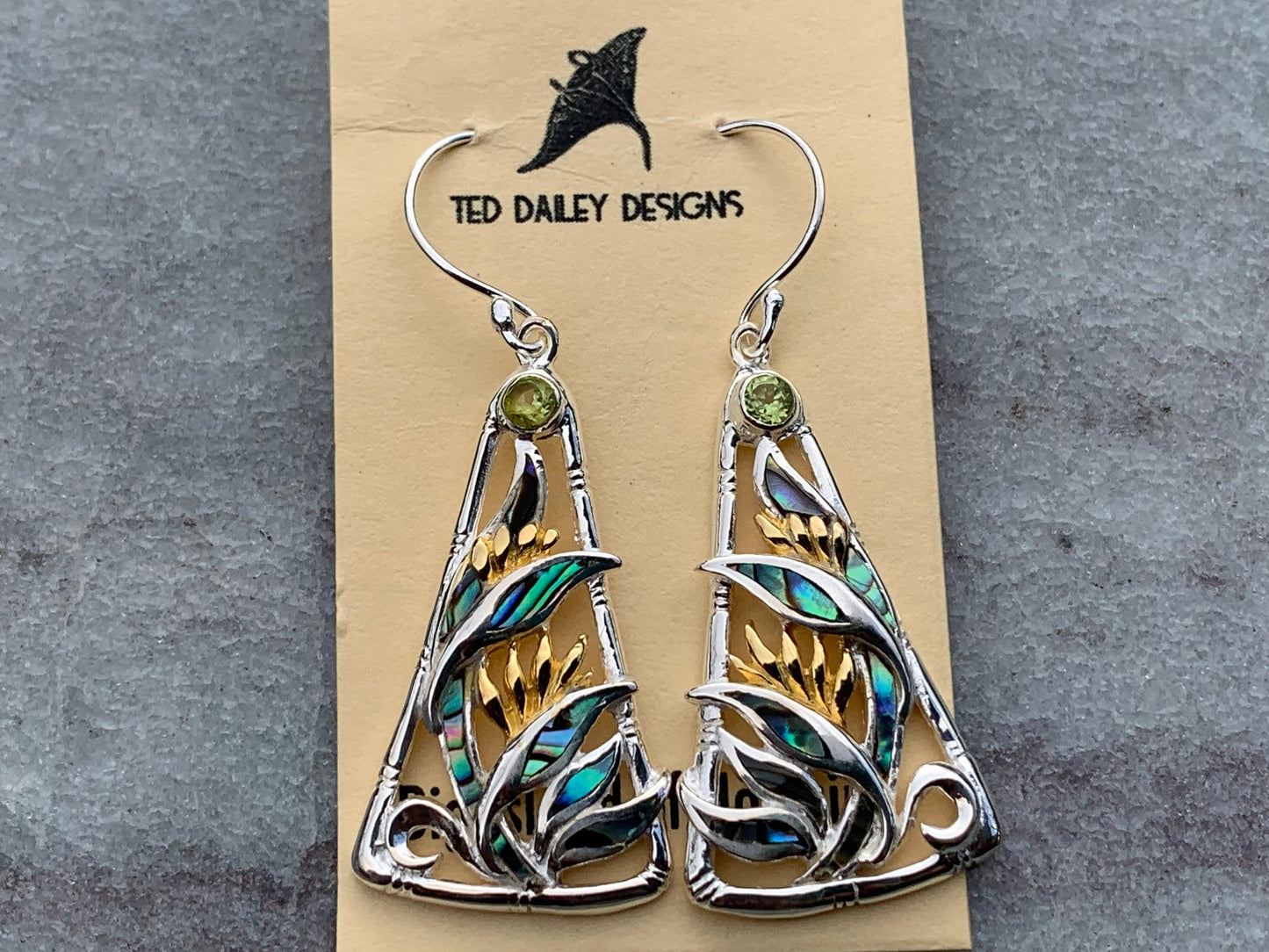 Bird of Paradise Flower Blue Peridot Silver Gold Shell Earrings