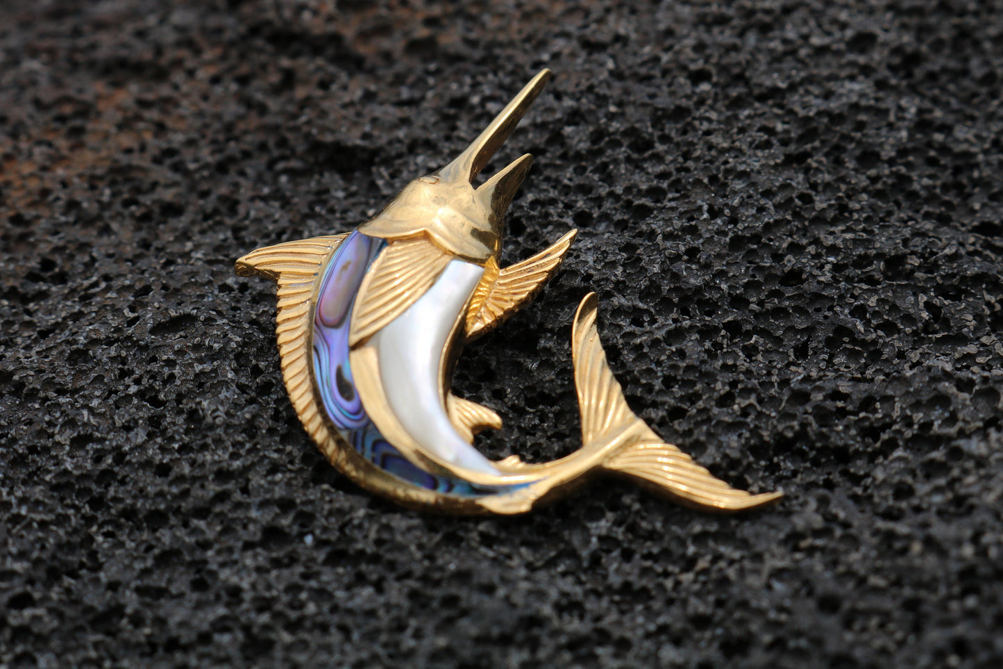 18K Gold Vermeil Aumakua Marlin Fish Necklace Pendant. Abalone Paua Shell, Mother of Pearl. Gift for Real Fisherman. Billfisher Kona.