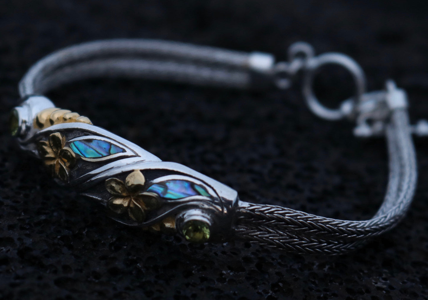 Plumeria Flower Bracelet. 18K Gold Vermeil, Abalone Shell, Peridot, Sterling Silver.
