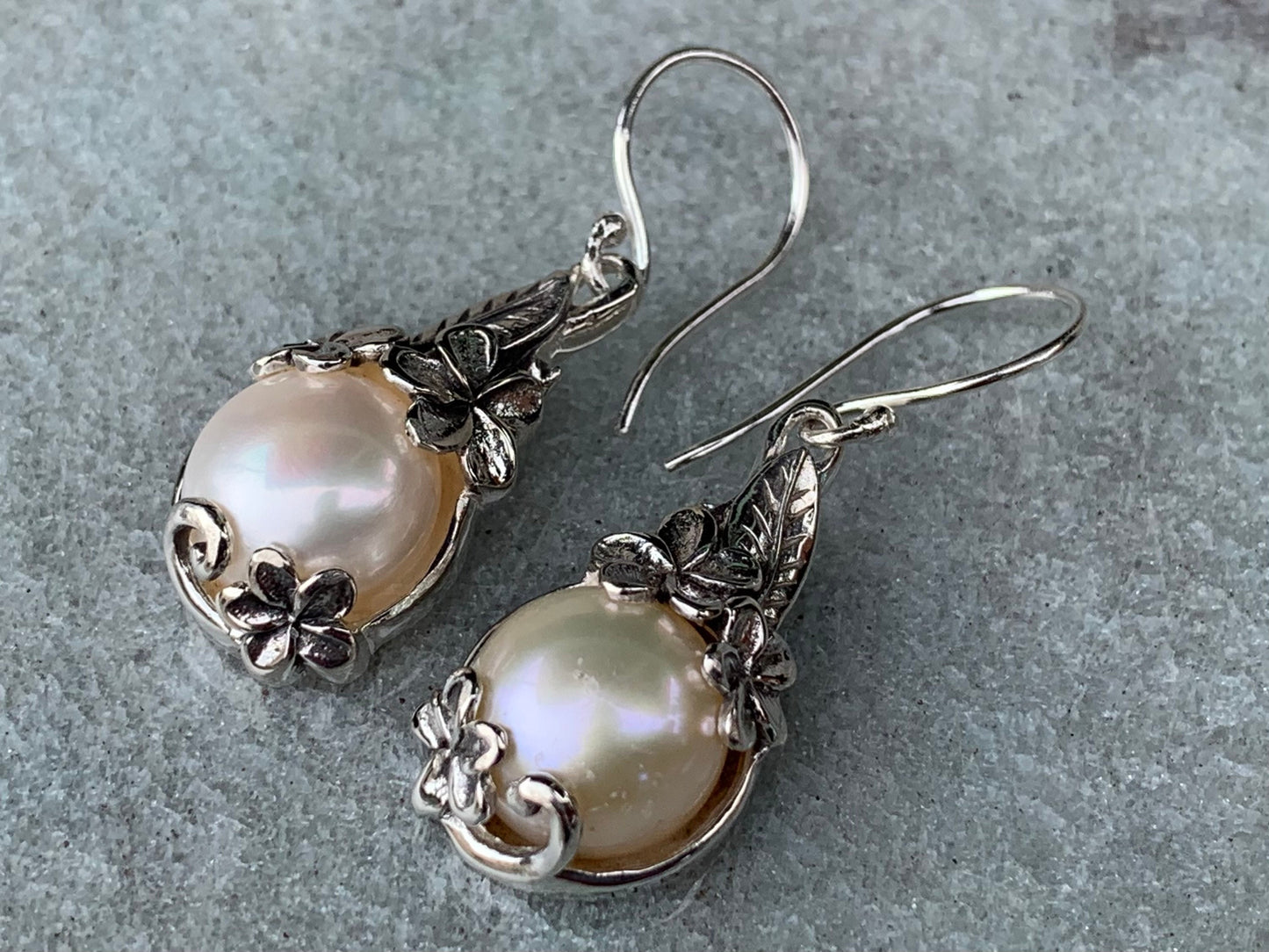 Plumeria Flower White Mabe Pearl Silver Earrings