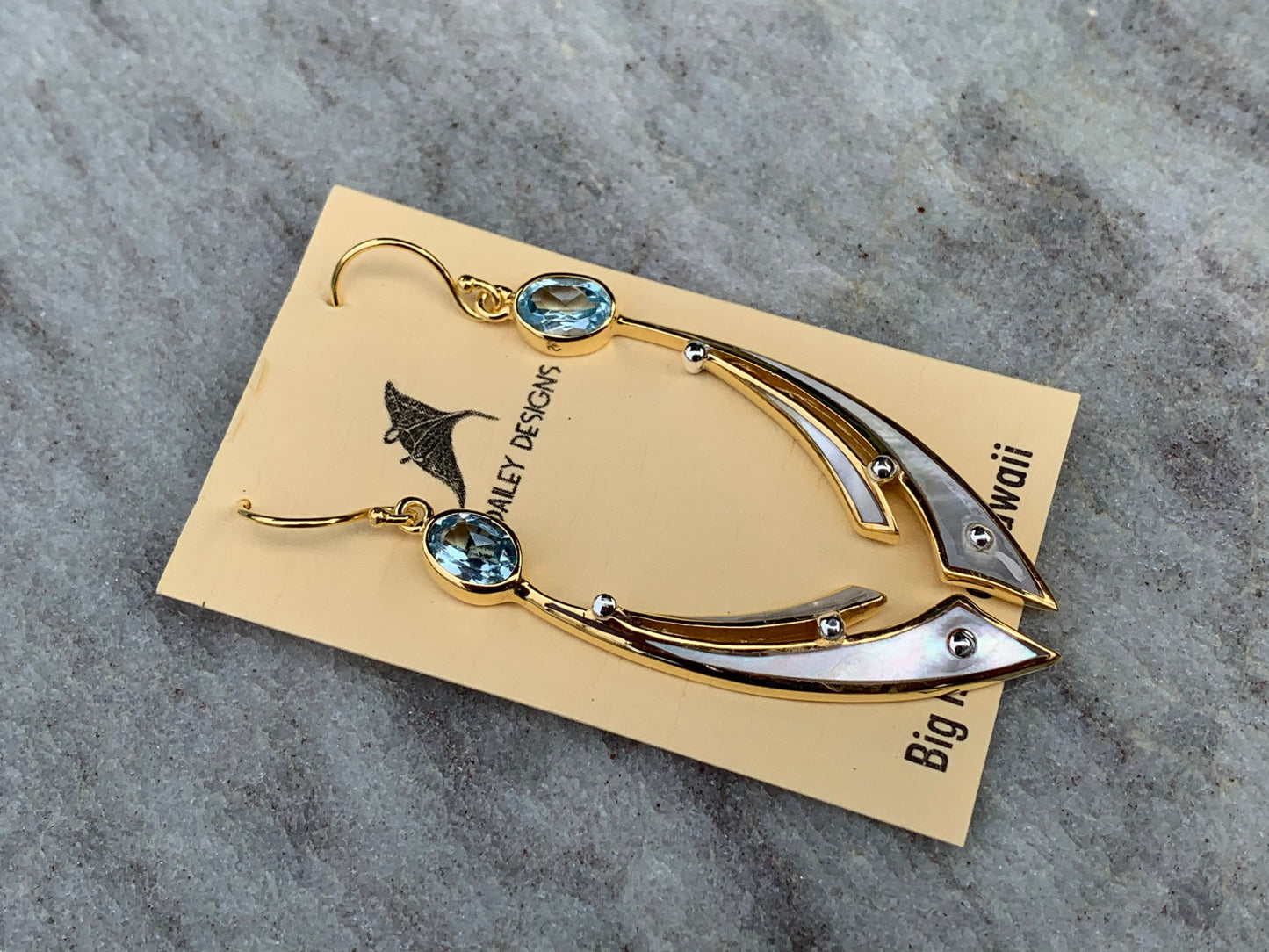 18k Gold Vermeil Wave Earrings. Blue Topaz, Mother of Pearl