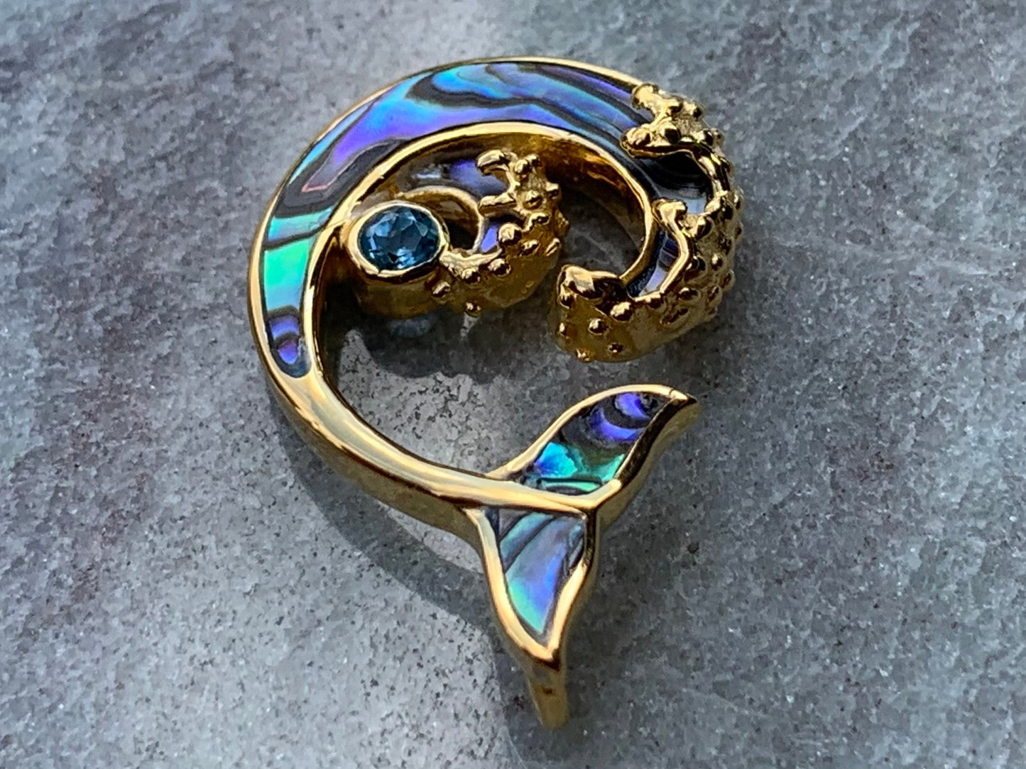 Whale Tail and Wave Swiss Blue Topaz 18k Gold Vermeil Necklace Pendant