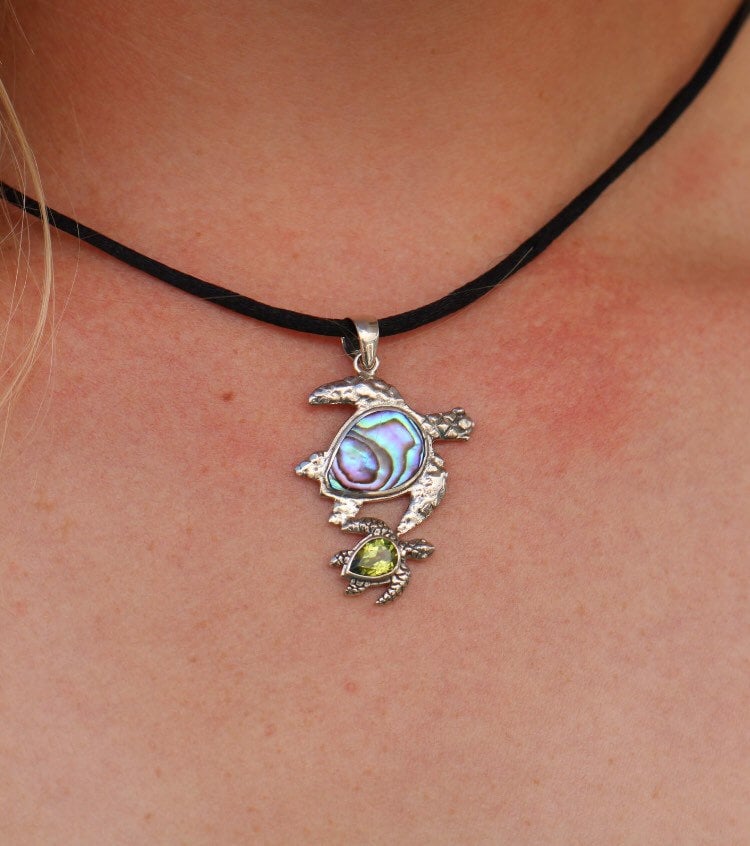 Sea Turtle Necklace Pendant | Paua Abalone Shell | Amethyst | Sterling Silver | Ocean | Beach | Gift | Jewelry | Handmade | Unique