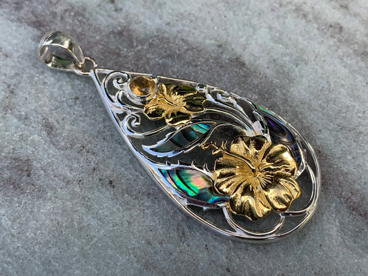Hibiscus Flower Necklace Pendant. State Flower of Hawaii. Silver, Gold, Abalone Shell, Citrine.