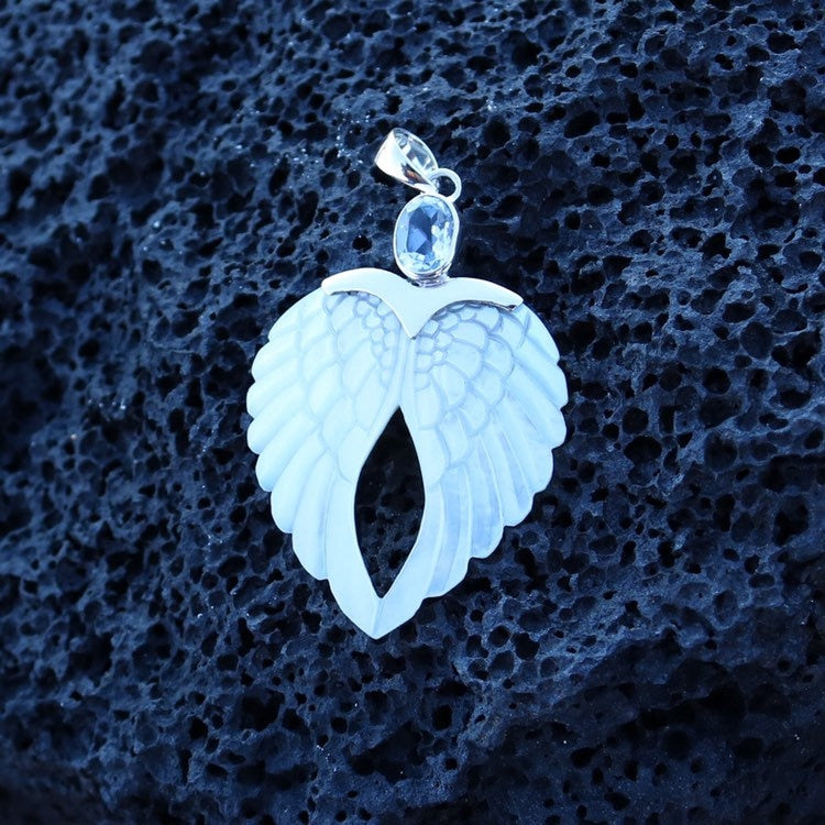 Angel Wings Heart Mother of Pearl Shell Necklace Pendant with Blue Topaz. Sterling Silver.