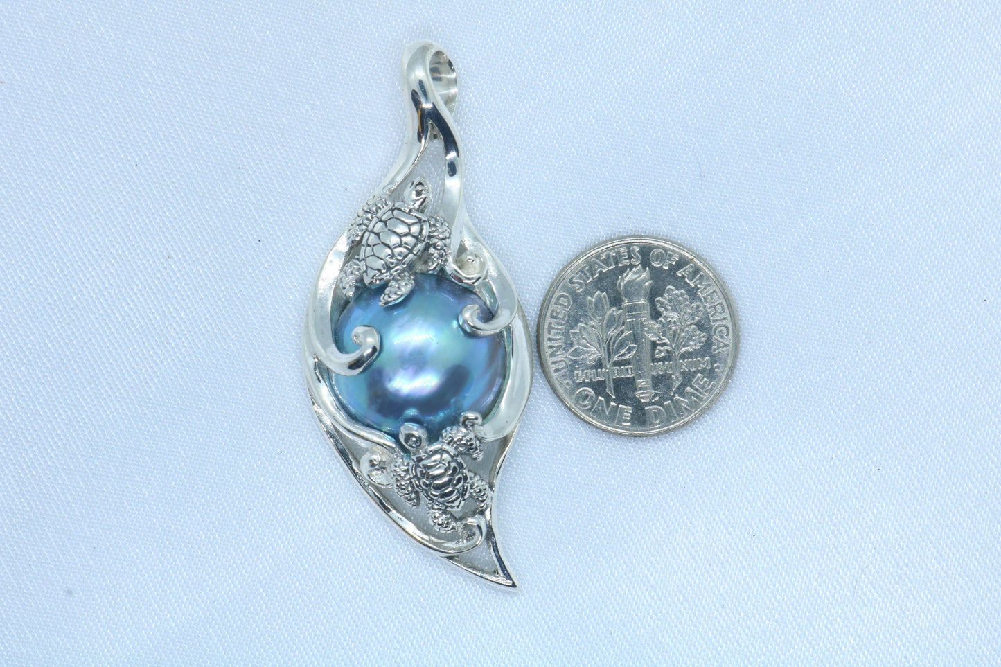 Turtle Blue Pearl Mabe Silver Pendant Necklace (Hawaiian Honu)