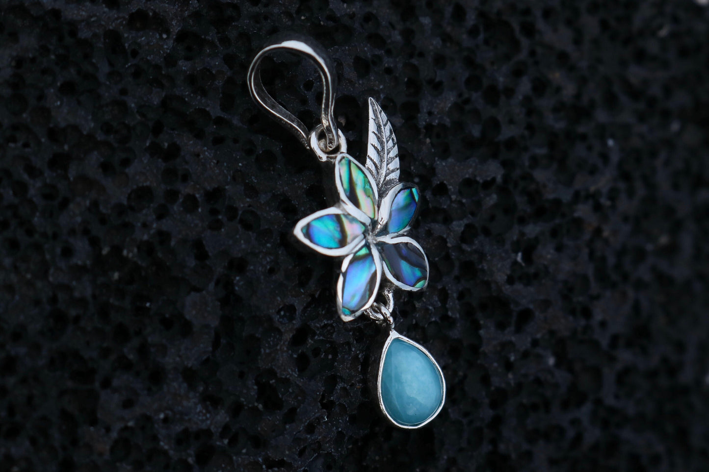 Plumeria Flower Larimar Teardrop Charm Pendant Necklace. Sterling Silver, Abalone Shell.