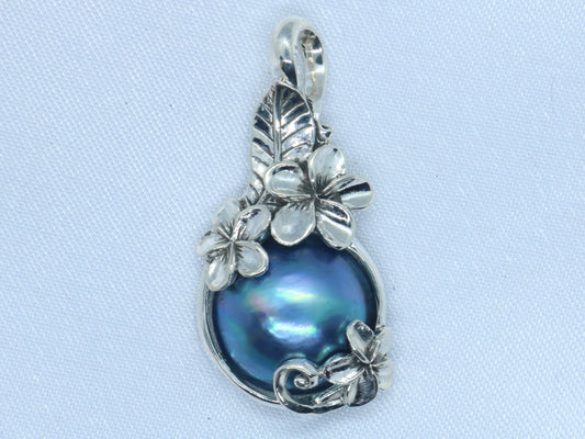 Plumeria Flower Blue Mabe Pearl Silver Pendant Necklace