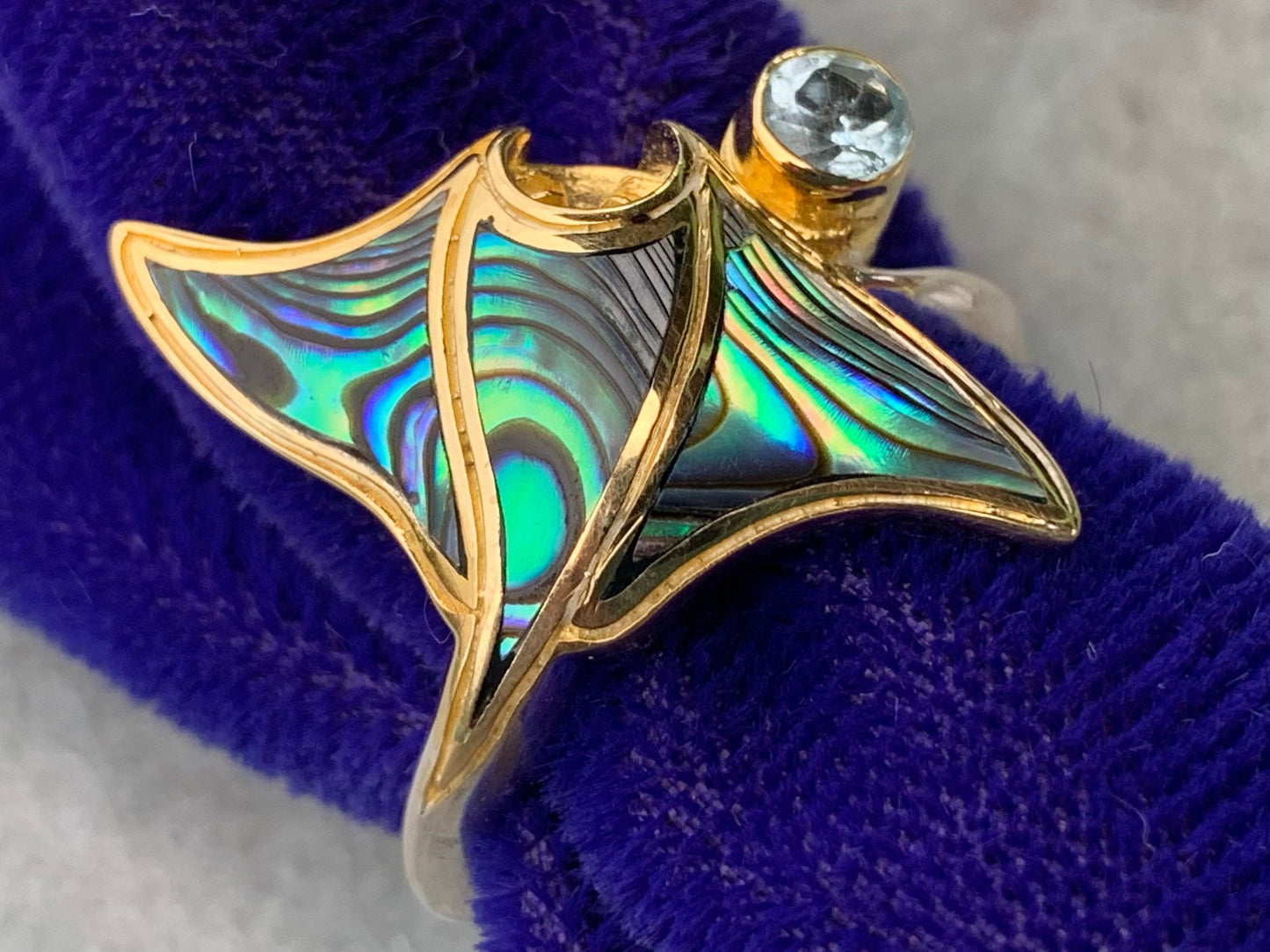 Manta Ray Gold Vermeil Ring. Blue Topaz. Abalone Paua Shell.