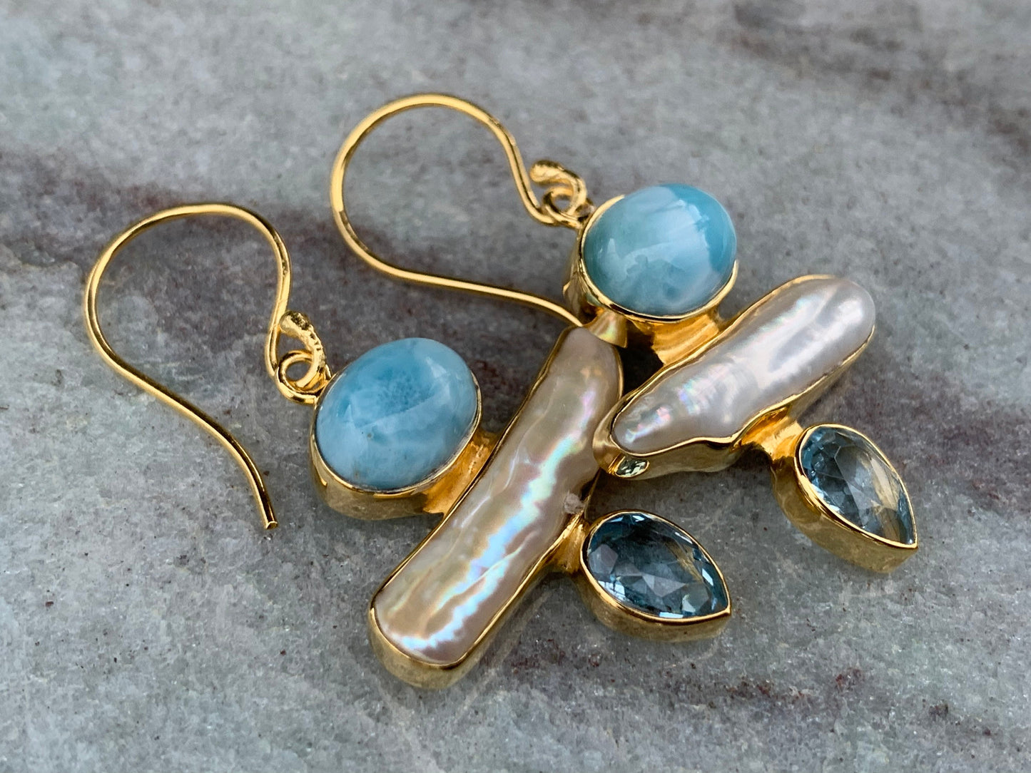 Larimar, Pearl, Blue Topaz 18k Gold Vermeil Earrings.