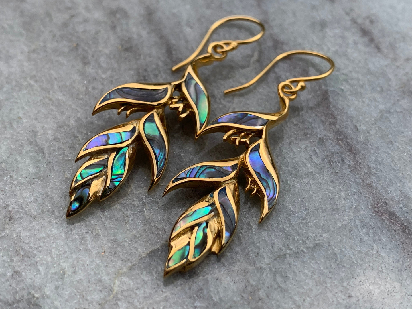 18K Gold Vermeil Heliconia Flower Earrings. Abalone Shell.