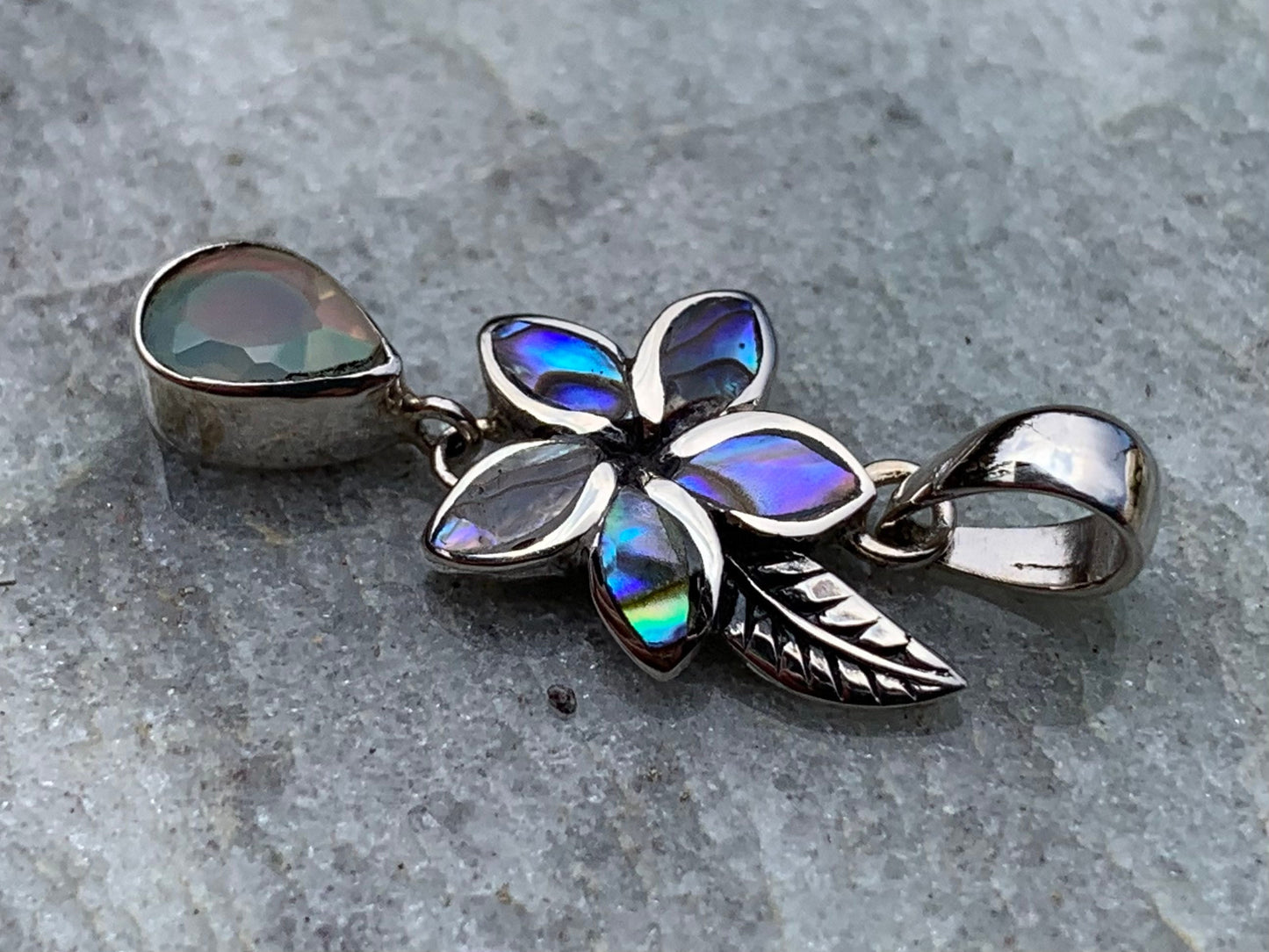 Plumeria Opal Charm Necklace Pendant. Abalone shell, Silver.