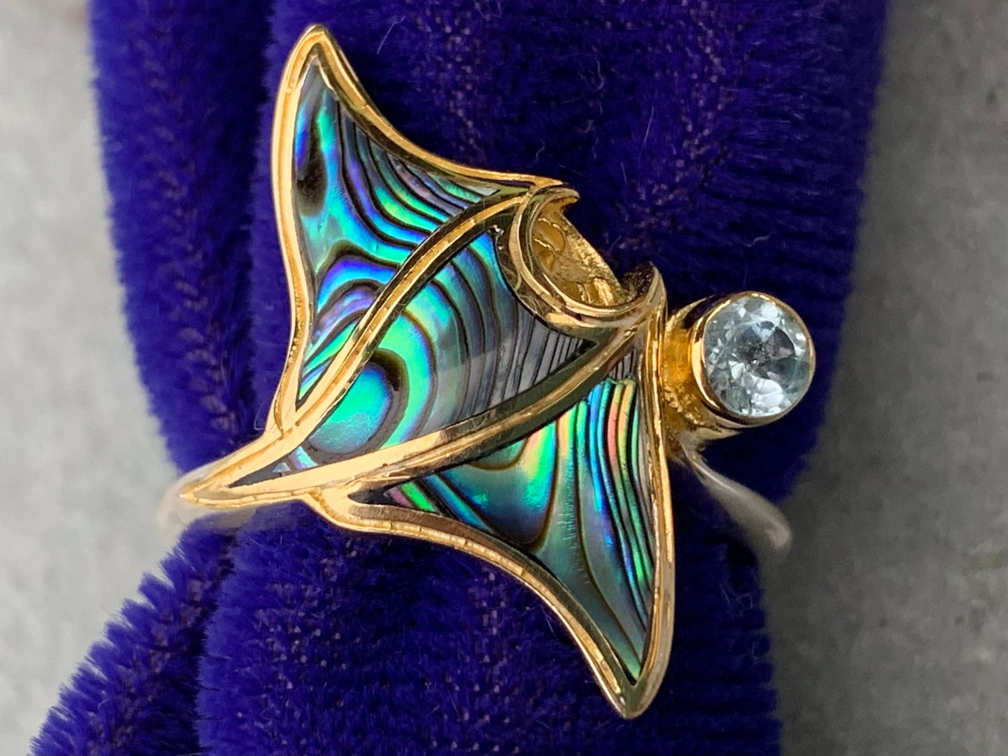 Manta Ray Gold Vermeil Ring. Blue Topaz. Abalone Paua Shell.
