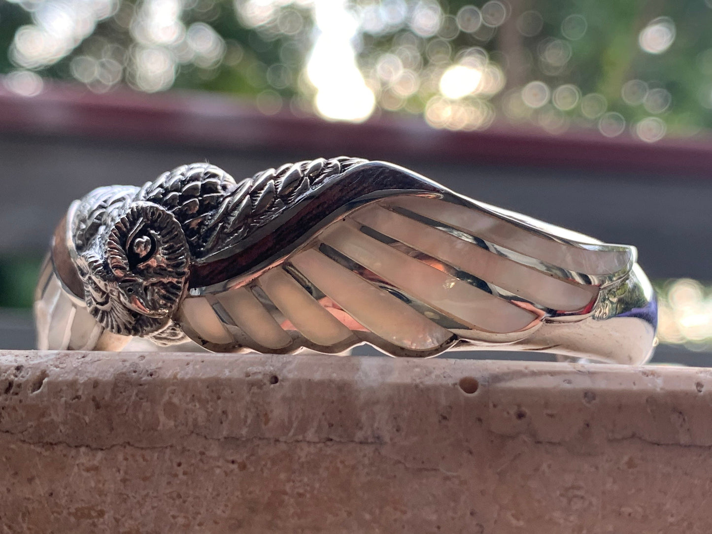 Owl cuff bracelet. Hawaiian Koa Wood. Mother of Pearl. Sterling Silver.