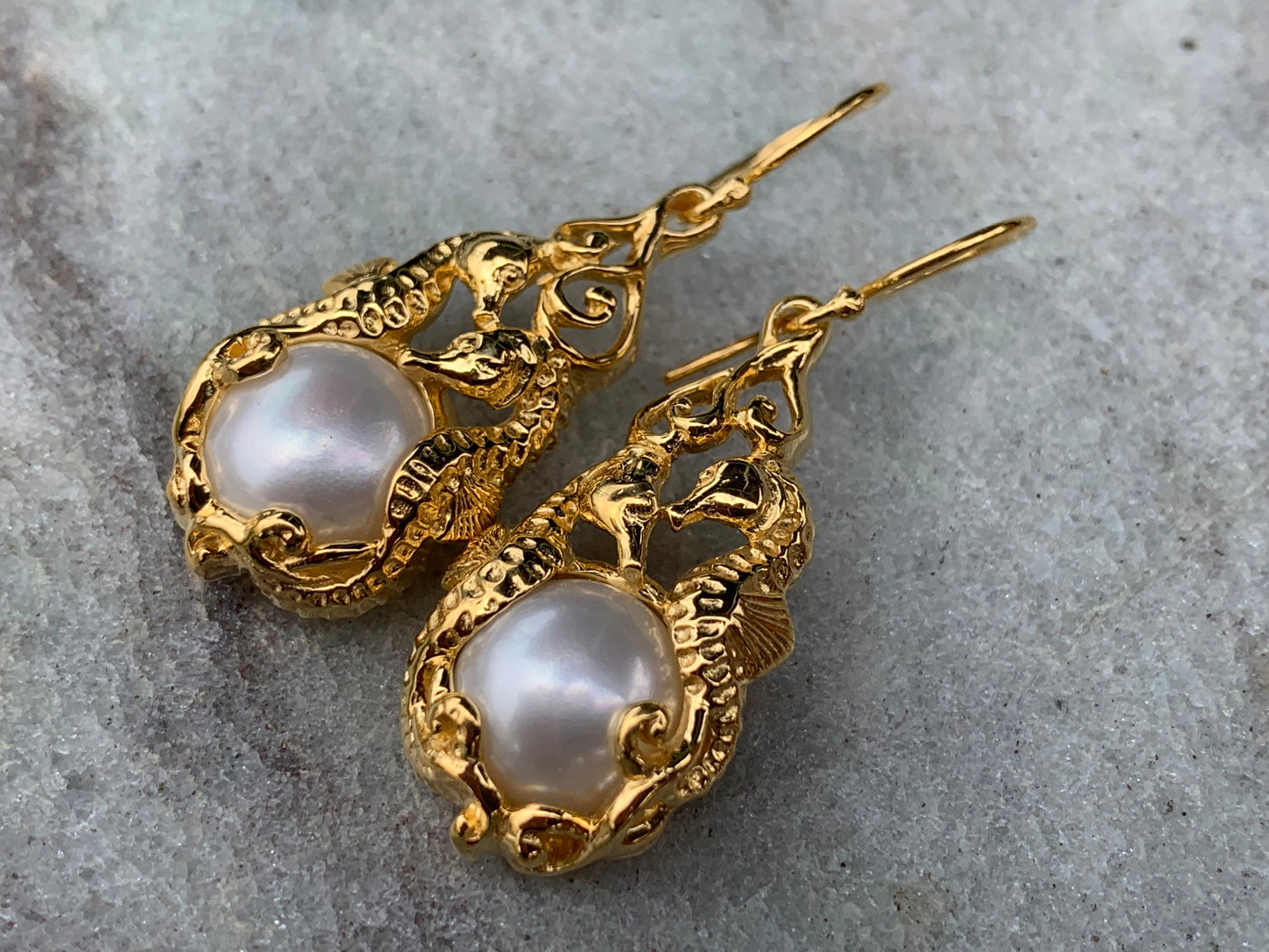 18k gold vermeil white mabe pearl seahorse earrings.