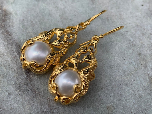 18k gold vermeil white mabe pearl seahorse earrings.