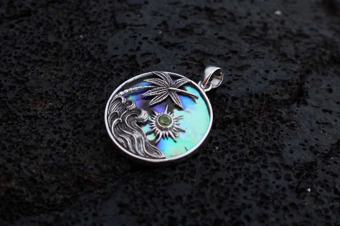 Ocean Beach Palm Tree Wave Sunset Necklace Pendant. Abalone Shell, Peridot, Sterling Silver.