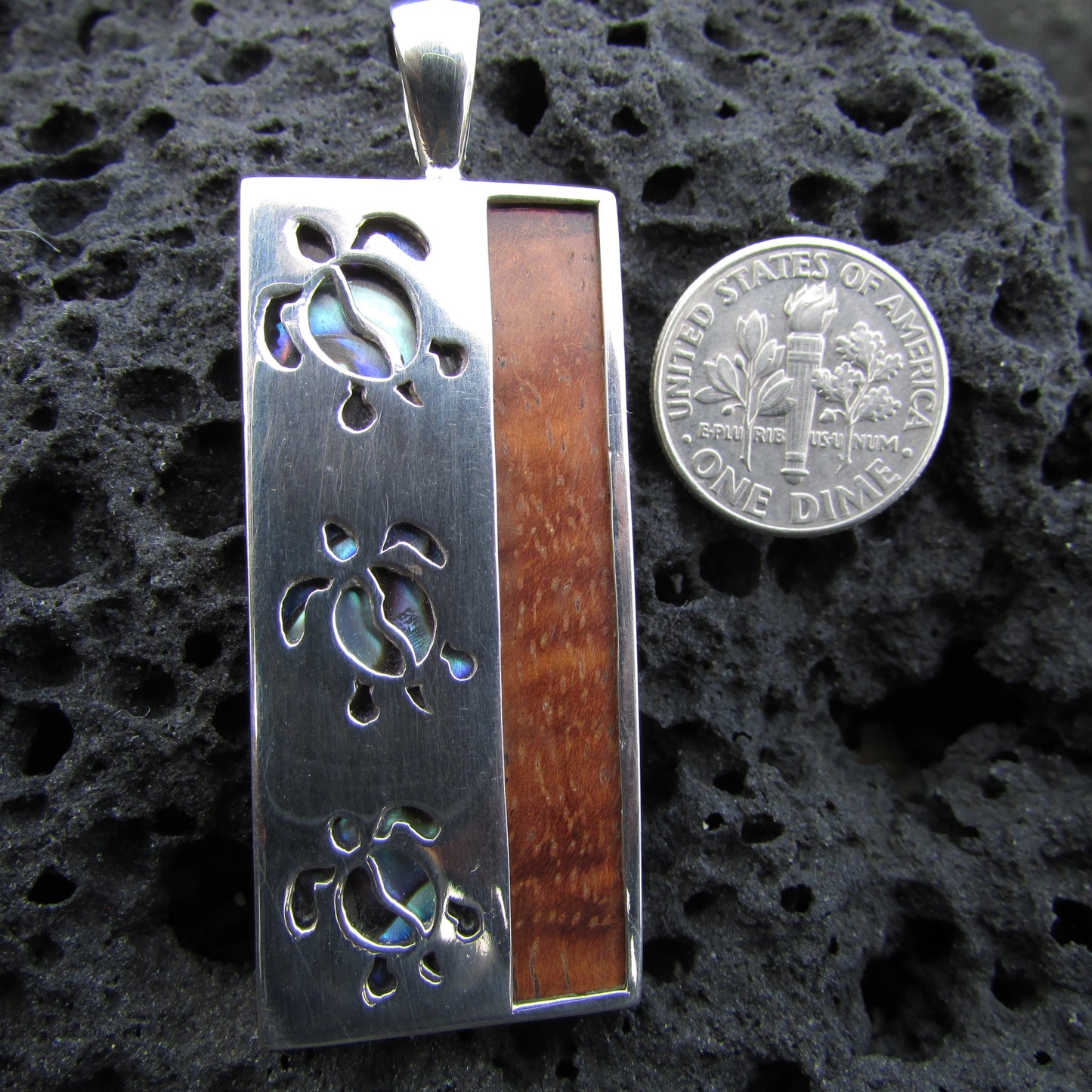 Triple Sea Turtle Necklace Pendant | Koa Wood | Abalone Paua Shell | Sterling Silver | Ocean | Beach | Gift | Jewelry | Handmade | Unique