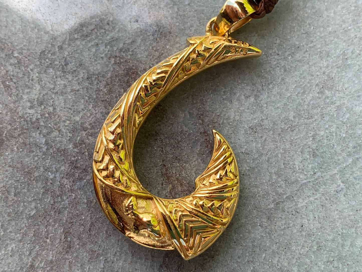 Hawaiian Maui Island Fishing Hook Tribal Necklace Pendant. 18K Gold Vermeil.