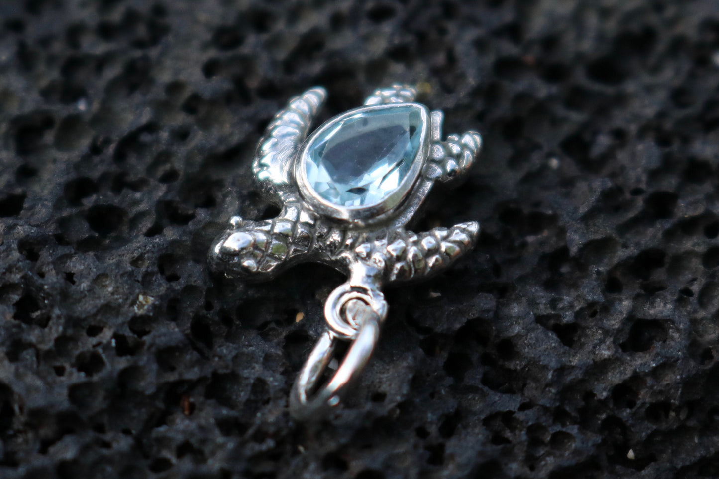 Turtle Charm Blue Topaz Necklace Pendant. Sterling Silver.