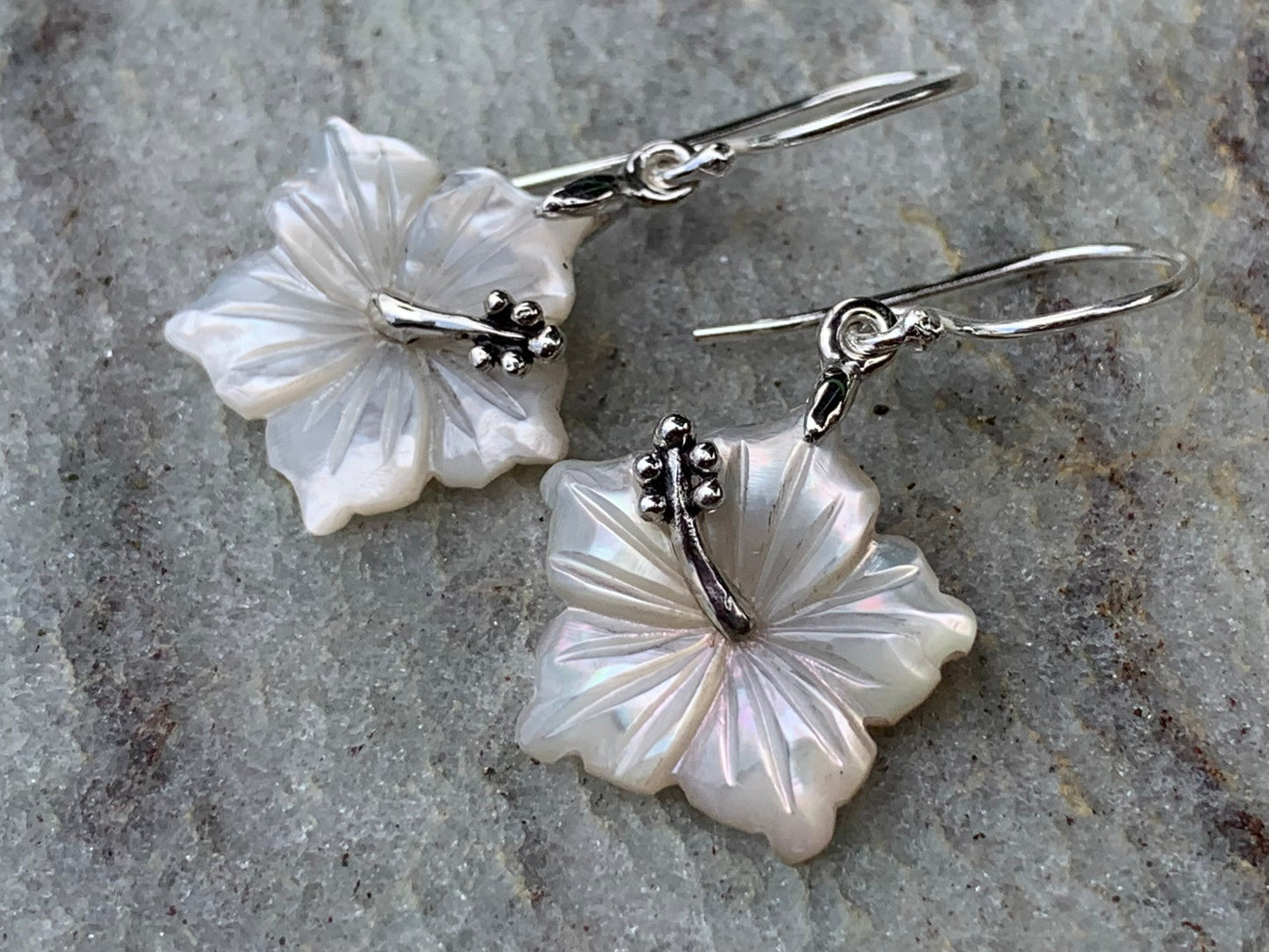 Hibiscus Flower Necklace Earrings. Hawaiian State Flower. Sterling Silver, Mother of Pearl