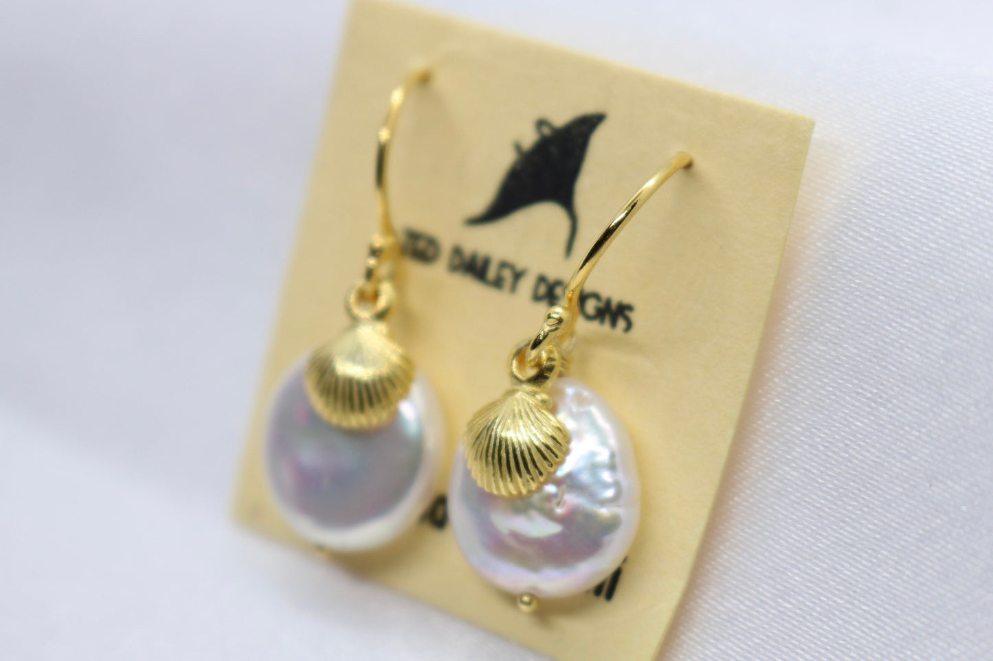 Sea Shell Pearl 18K Gold Vermeil Charm Earrings Jewelry