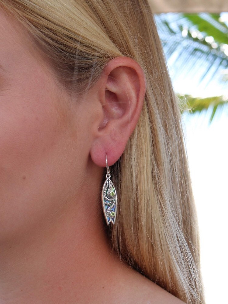 Surfboard Earrings with Polynesian Tattoo Design. Peridot. Abalone Paua Shell. Sterling Silver.