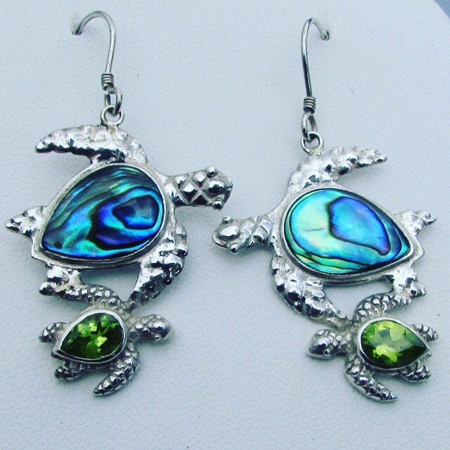 Sea Turtle Earrings | Paua Abalone Shell | Peridot | Sterling Silver | Ocean | Beach | Gift | Jewelry | Handmade | Unique