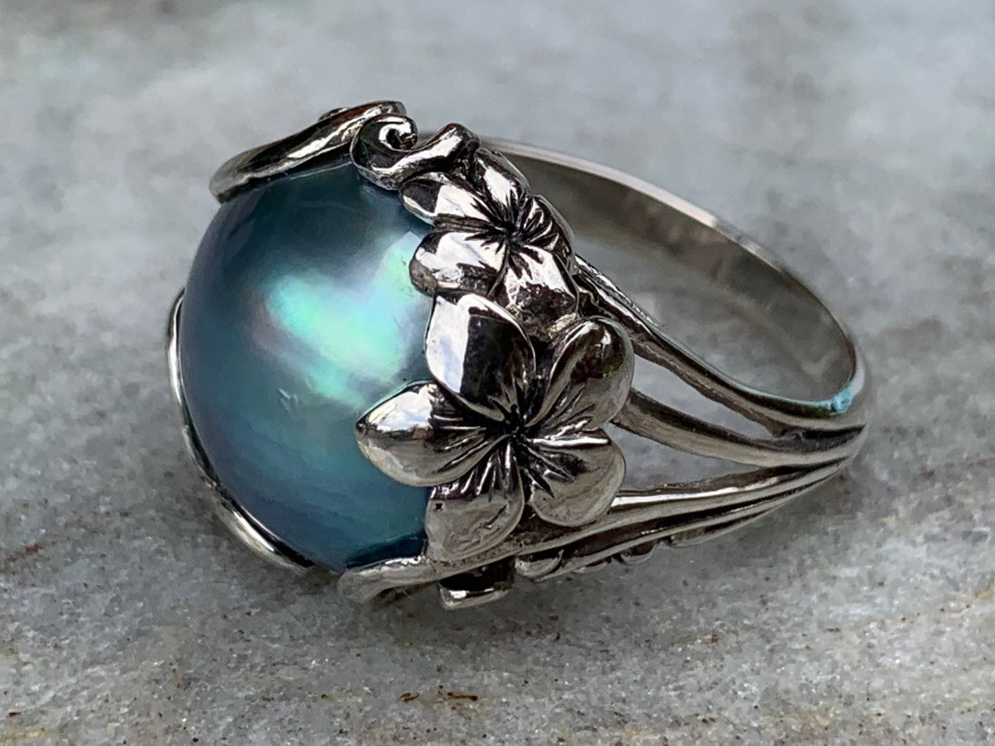 Blue Mabe Pearl Plumeria Flower Silver Ring