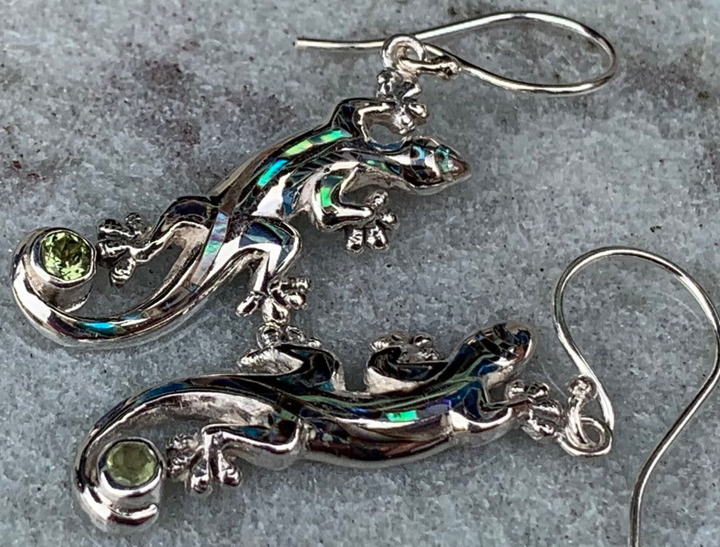 Gecko Lizard Salamander Earrings Silver Peridot