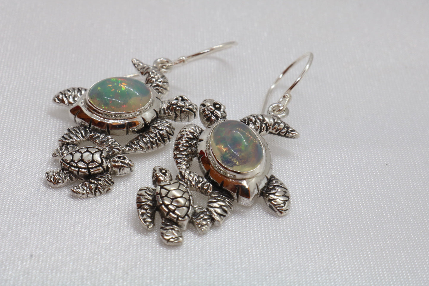 Opal Turtle Hawaiian Honu Mom and Baby Silver Earrings