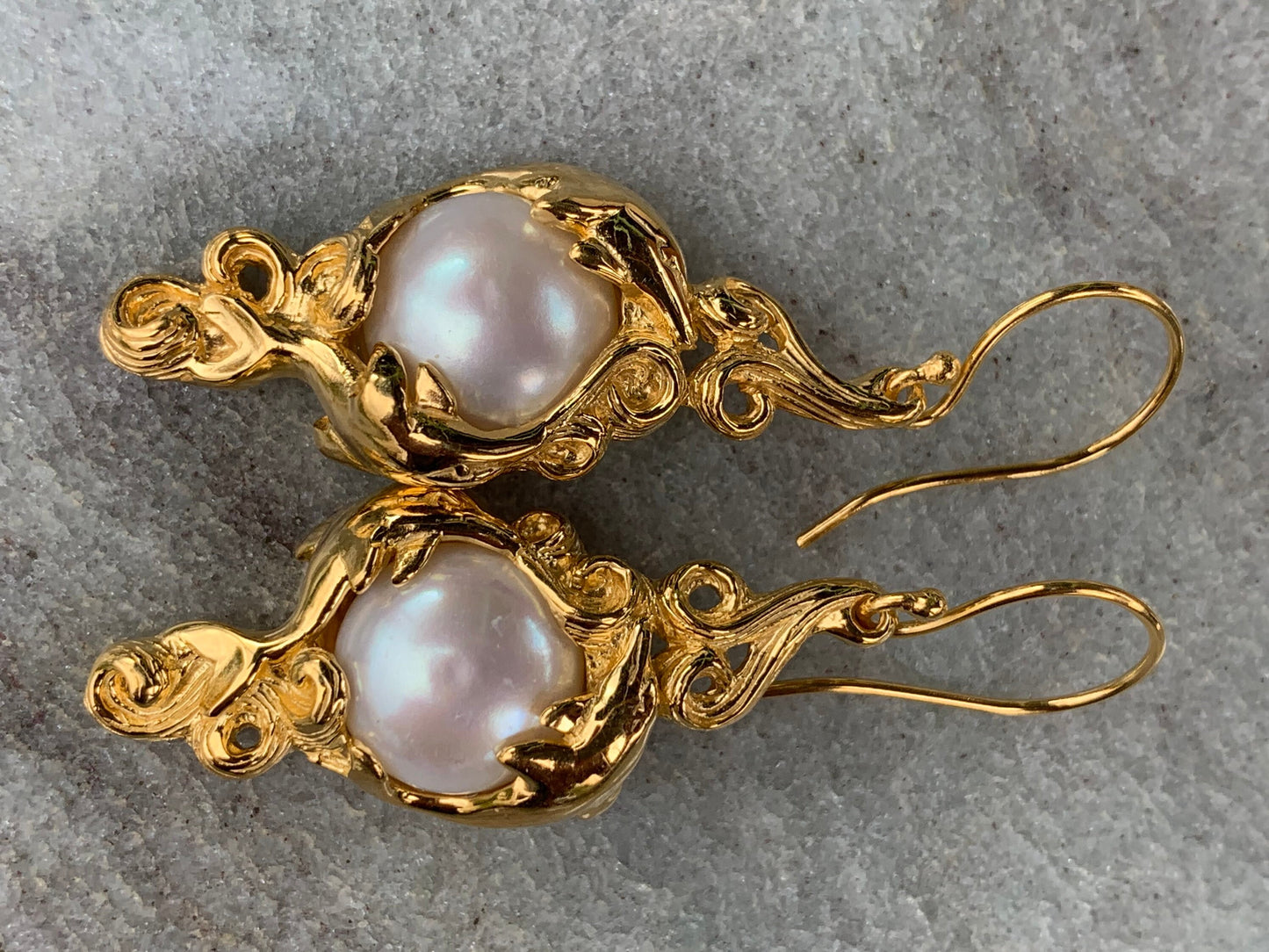 18k gold vermeil white mabe pearl dolphin earrings.