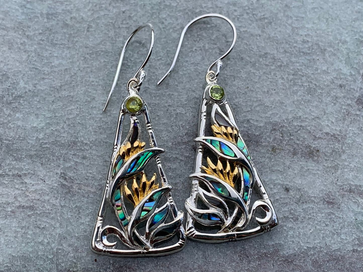 Bird of Paradise Flower Blue Peridot Silver Gold Shell Earrings